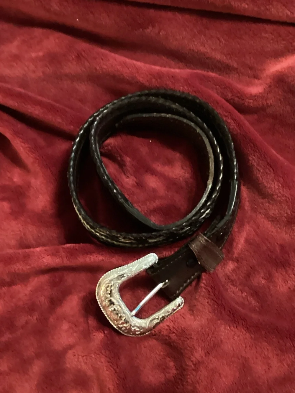 Men's Brown Braided Leather Belt with Decorative Silver Buckle